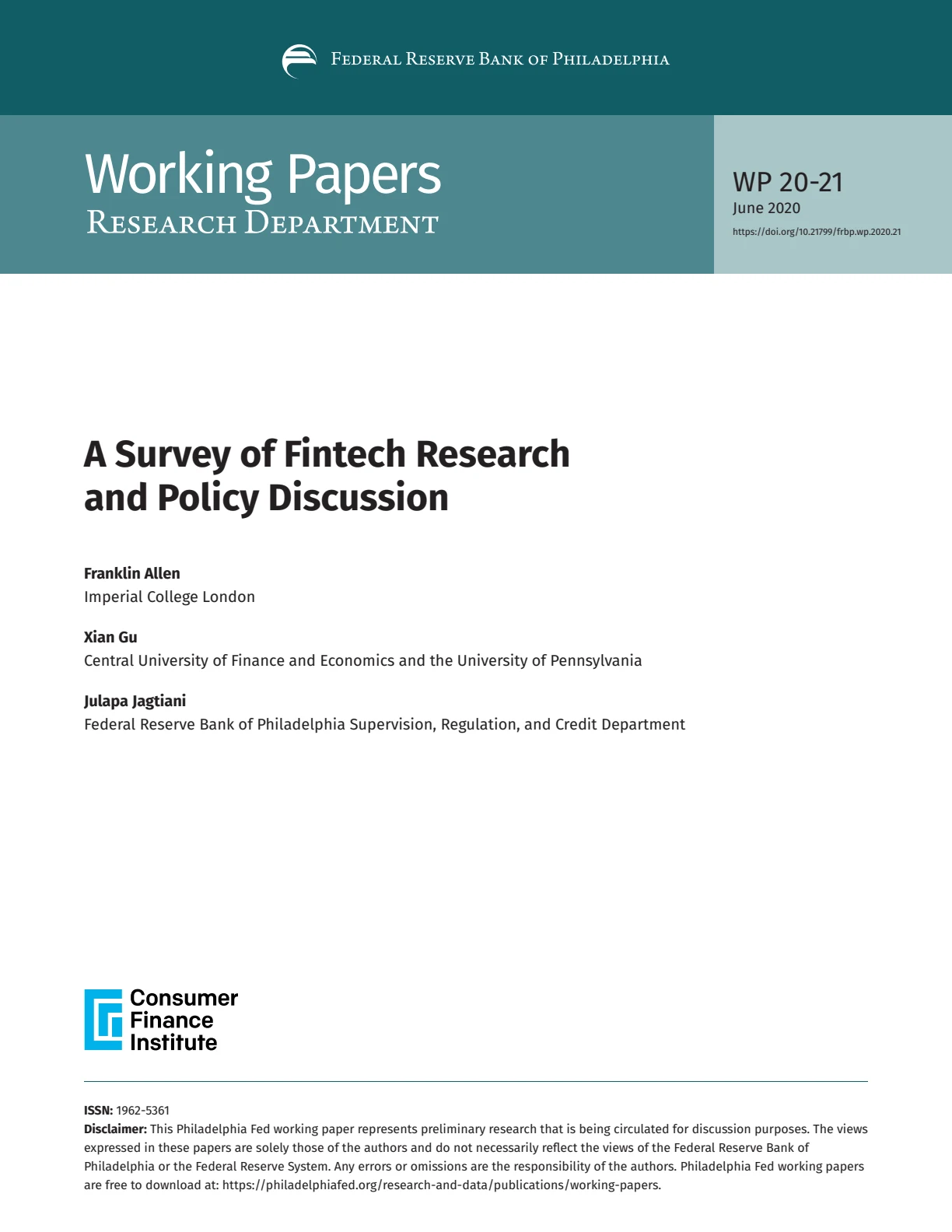Cover for Federal Reserve Working Paper WP 20-21